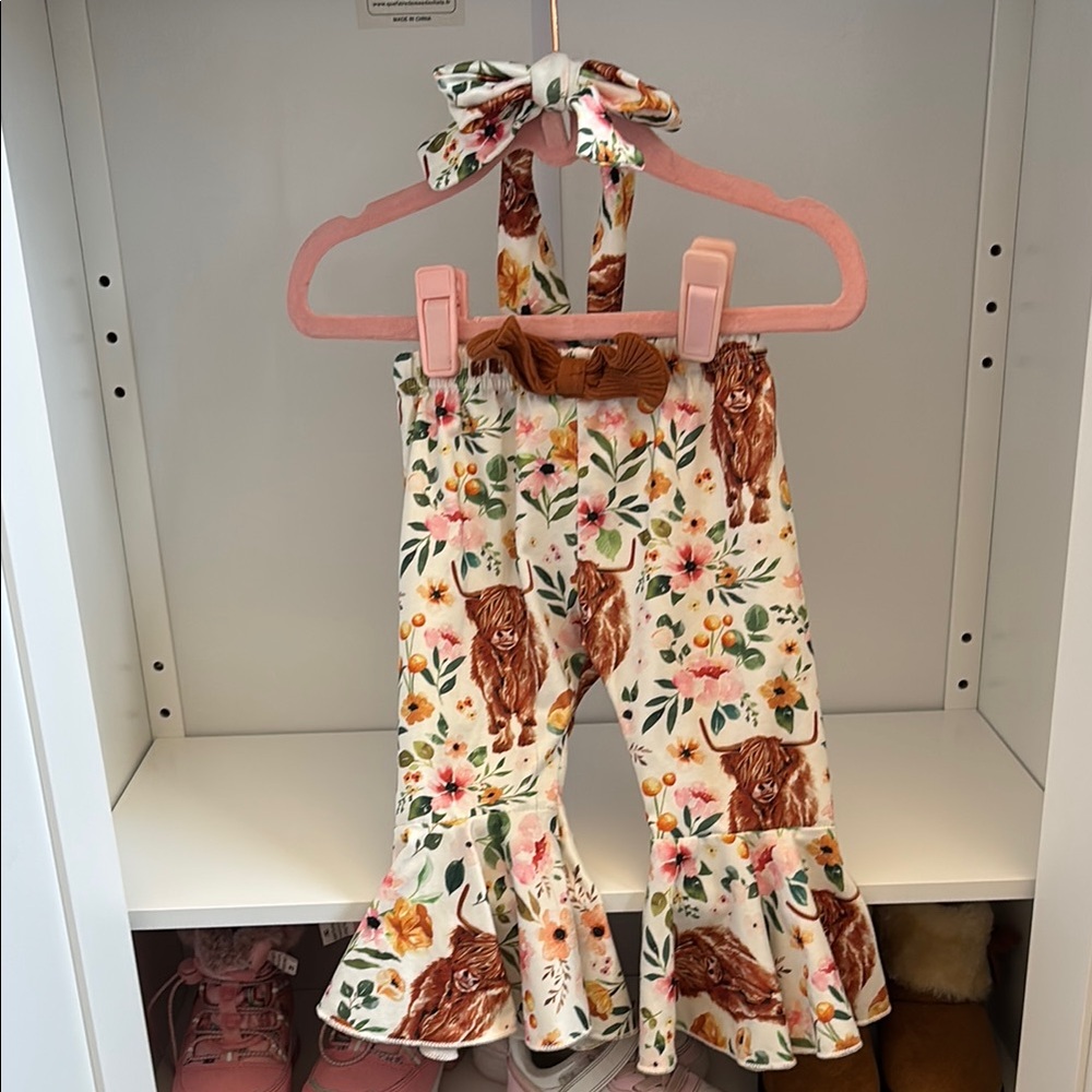 Floral highland cow Print Baby Outfit with Headband